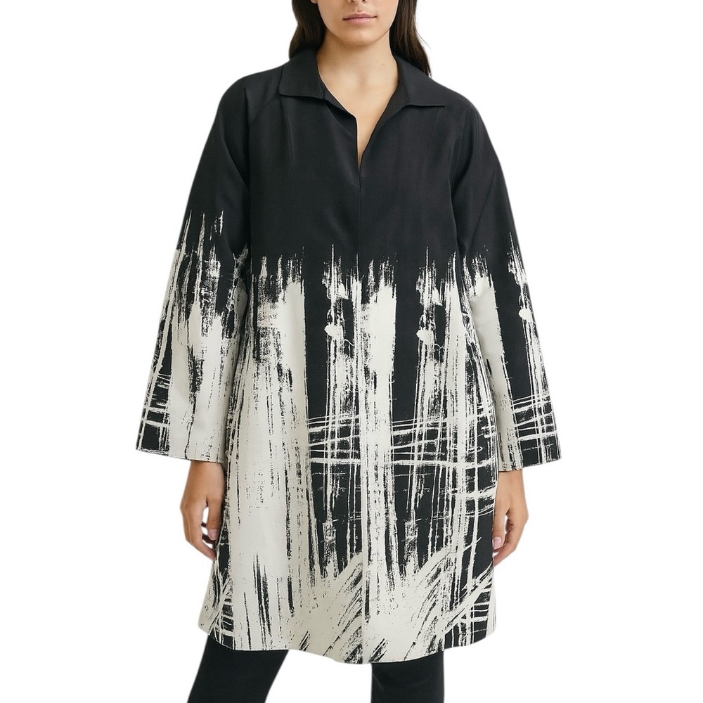 Lafayette 148 New York RARE Black White Raincoat Large Jacket Pockets Abstract